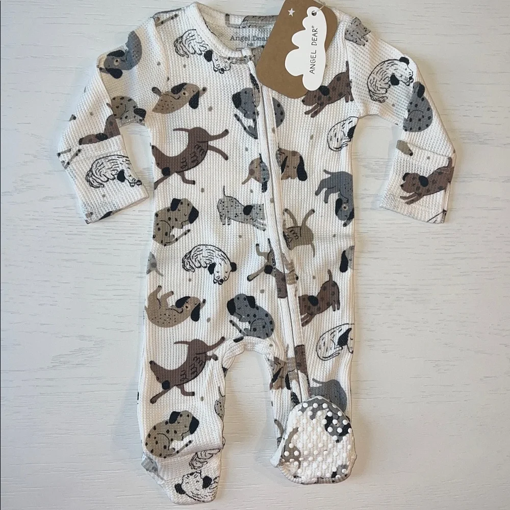 Angel Dear Neutral Dogs Cozy Pups Waffle Footie Newborn 0-3 months